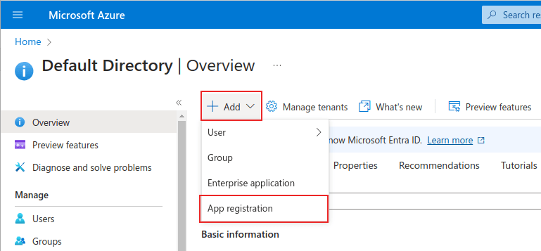 صفحه مدیریت Microsoft Azure با گزینه‌های + افزودن و منوی ثبت اپلیکیشن مشخص شده است.