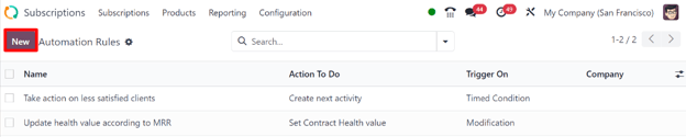 صفحه قوانین خودکارسازی در برنامه اشتراک‌های Odoo.