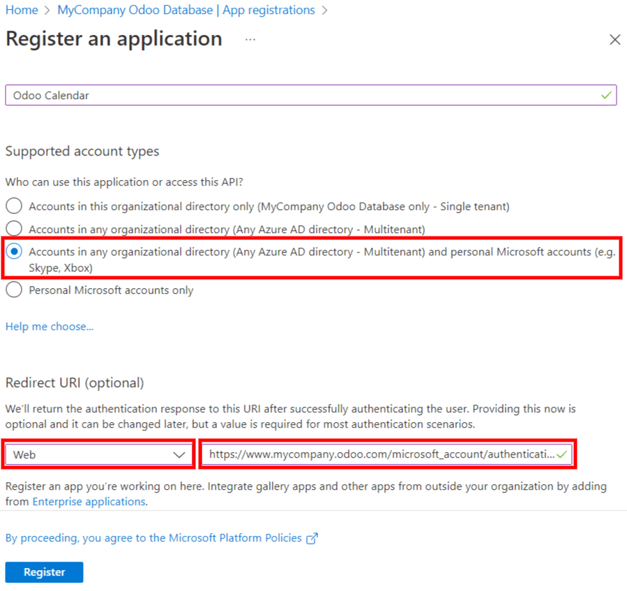 تنظیمات "نوع حساب پشتیبانی‌شده" و "آدرس بازگشت" در پورتال Microsoft Entra ID.