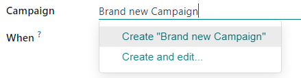 گزینه‌های منوی کشویی Create یا Create and edit در فیلد Campaign.