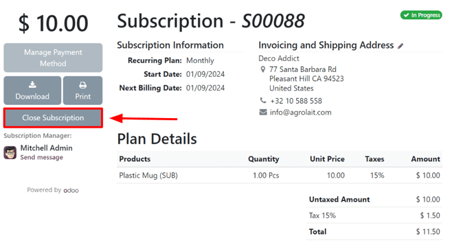 دکمه بستن اشتراک در نمای مشتری از یک سفارش فروش در Odoo Subscriptions.