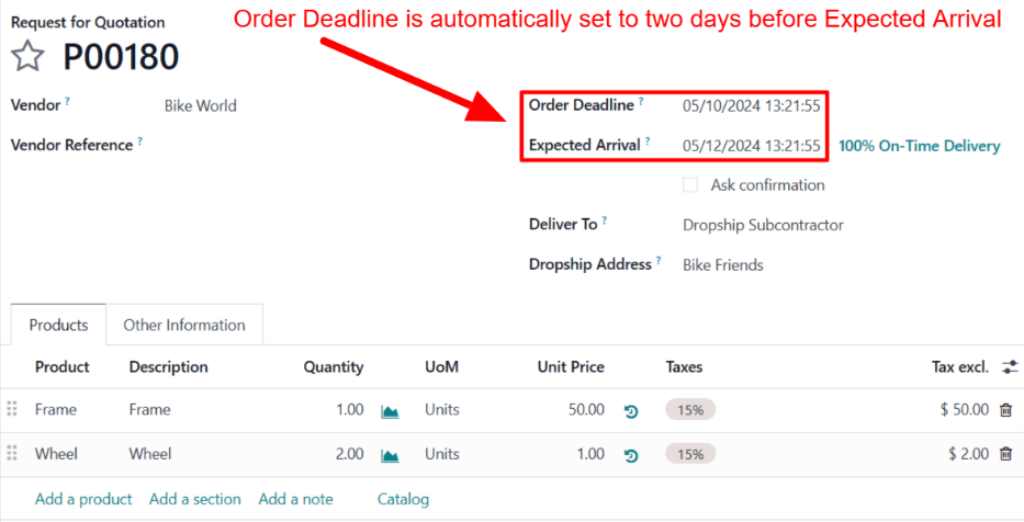 تاریخ‌های Order Deadline و Expected Arrival در یک سفارش ارسال مستقیم.