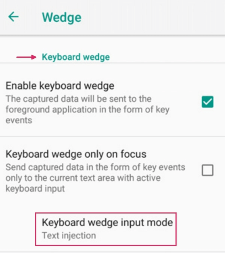 منوی پیکربندی Wedge در اسکنر Datalogic.