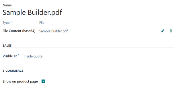 یک فرم سند استاندارد با یک فایل PDF بارگذاریشده در فروش Odoo.