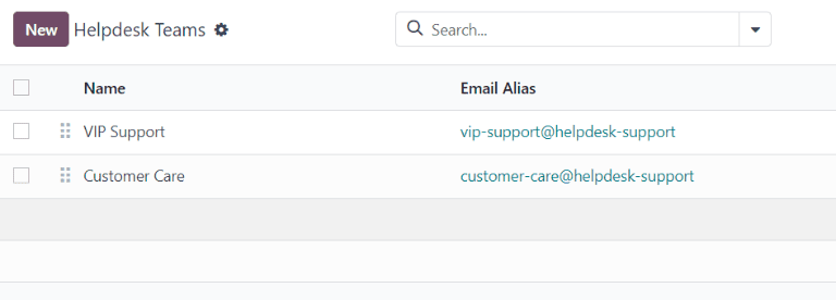 نمایی از صفحه تیم‌های پشتیبانی در Odoo.