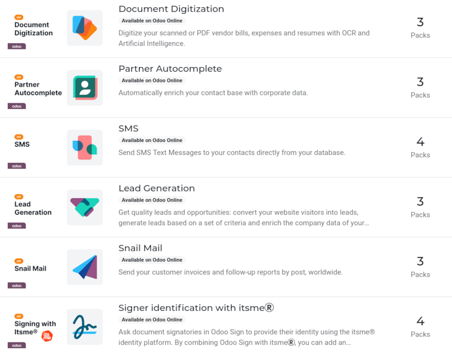 کاتالوگ IAP با خدمات مختلف موجود در IAP.Odoo.com.