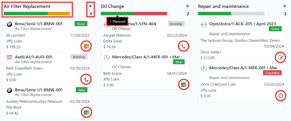 سوابق خدمت در نمای Kanban ارائه شده است.