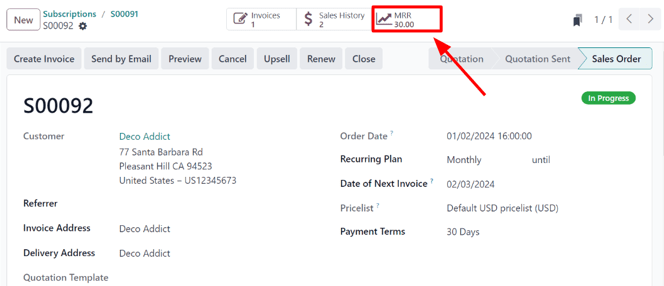 دکمه هوشمند MRR در برنامه Odoo Subscriptions.