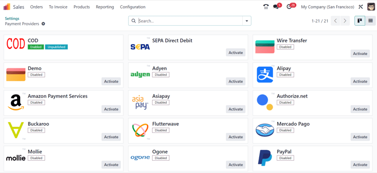 صفحه ارائه‌دهندگان پرداخت در فروش Odoo.
