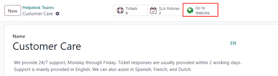 نمایی از صفحه تنظیمات یک تیم Helpdesk با تأکید بر دکمه رفتن به وب‌سایت در Odoo Helpdesk.