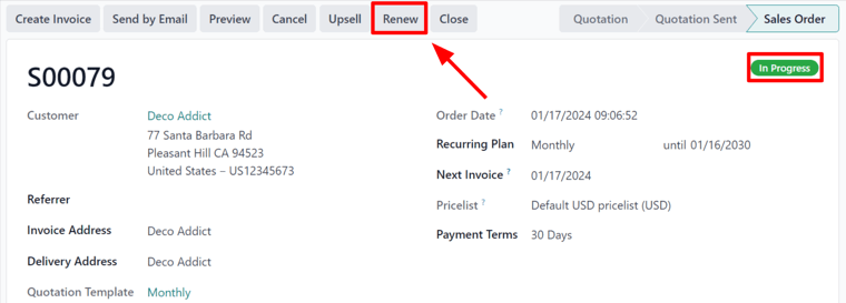 دکمه تمدید در سفارش فروش اشتراکی با Odoo Subscriptions.