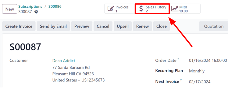 دکمه هوشمند تاریخچه فروش در برنامه Odoo Subscriptions.