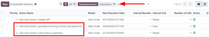 نتایج مربوط به اشتراک‌ها در صفحه اقدامات زمان‌بندی‌شده در تنظیمات Odoo.