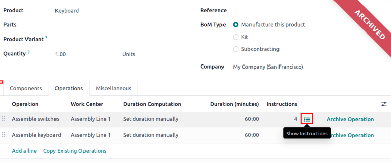 "آیکن "Show Instructions" در تب *Operations* یک BoM.