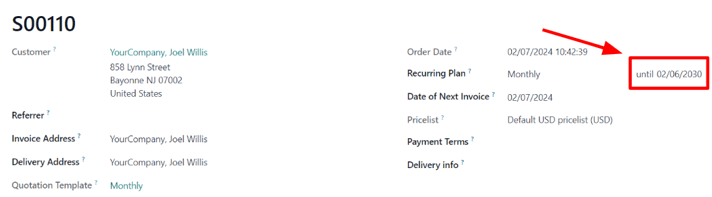تاریخ انقضا در یک سفارش فروش اشتراک در Odoo اشتراک‌ها.