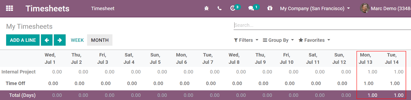 ویدئویی از زمان‌های ثبت شده که بر زمان مرخصی درخواست شده توسط کارمند در Odoo Timesheets تأکید دارد