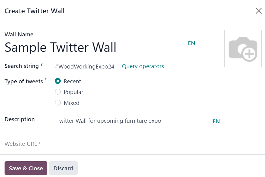 پنجره پاپ‌آپ Twitter Wall در اپلیکیشن رویدادهای Odoo.