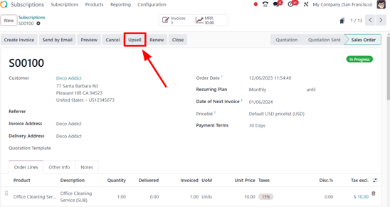 دکمه ارتقاء برای سفارشات فروش اشتراک با Odoo Subscriptions.
